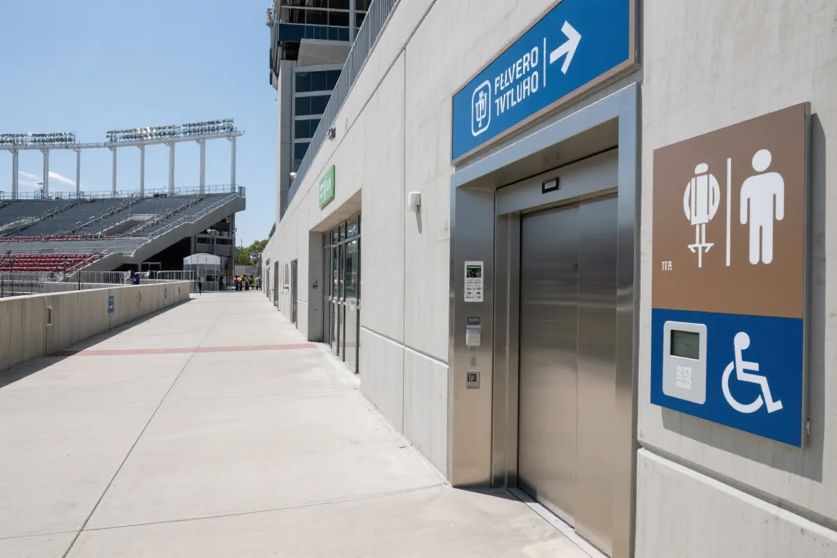 体育场入口附近的无障碍通道、电梯与卫生间指引牌，清晰动线示意