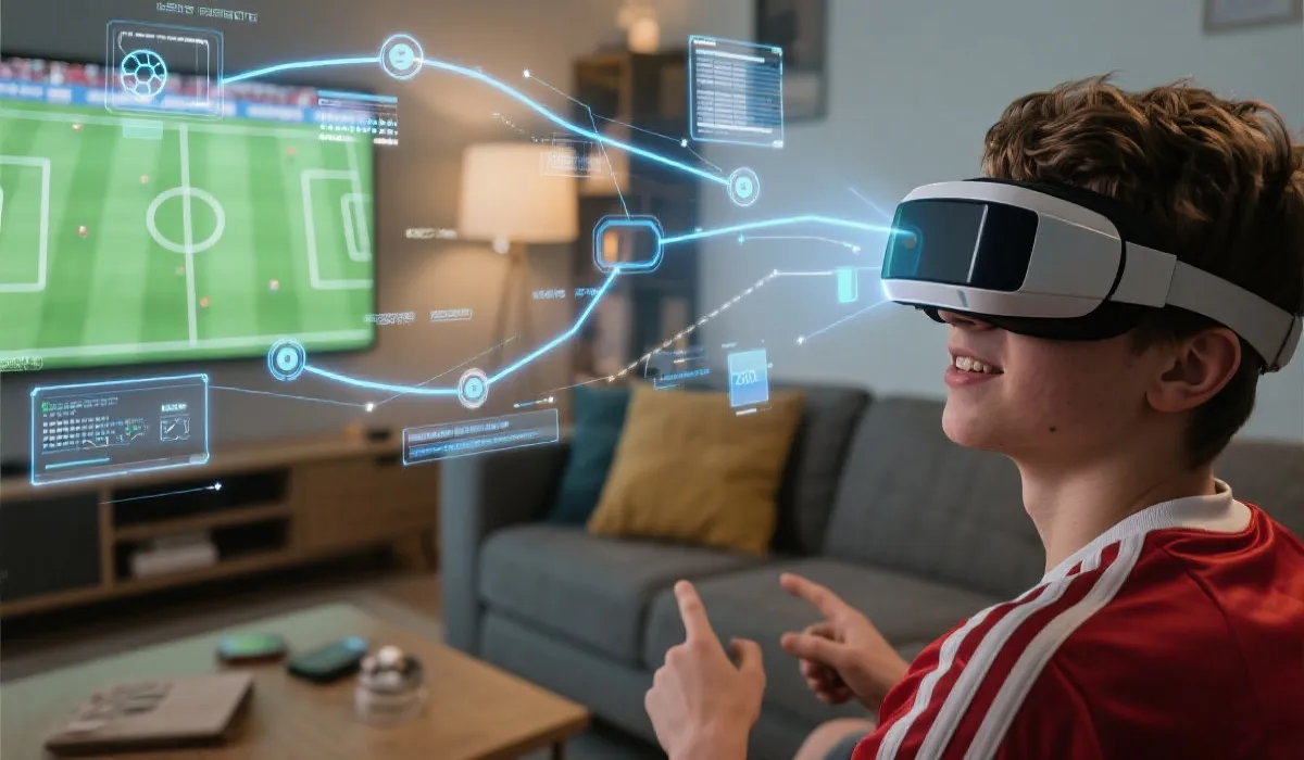 观众在客厅使用增强现实设备观看足球比赛，多层数据叠加