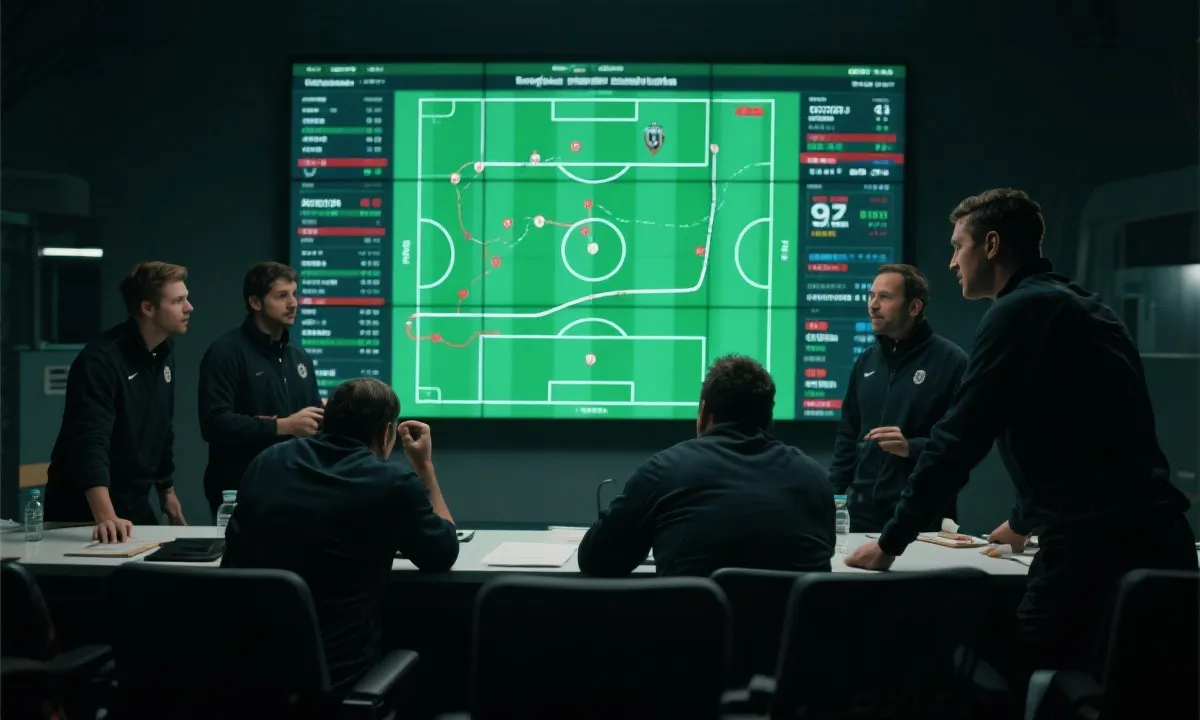 教练席前的战术屏幕显示球员实时跑动与数据