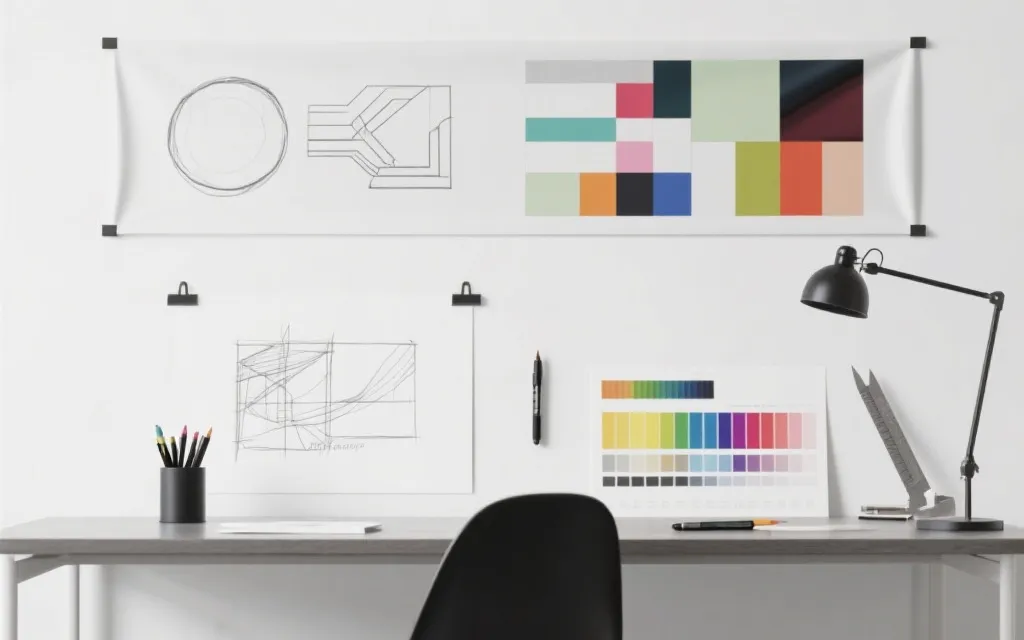设计师桌面上摆放横幅草图、色卡与简洁图形符号，体现策略化创意