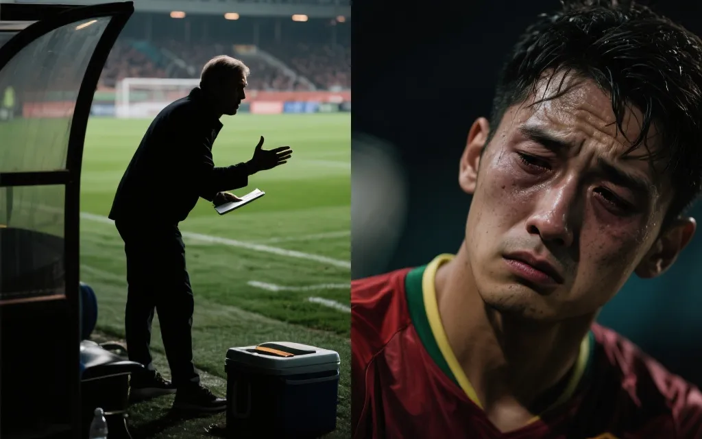 教练在场边指挥与球员疲劳状态的对比画面，体现加时换人与体能博弈