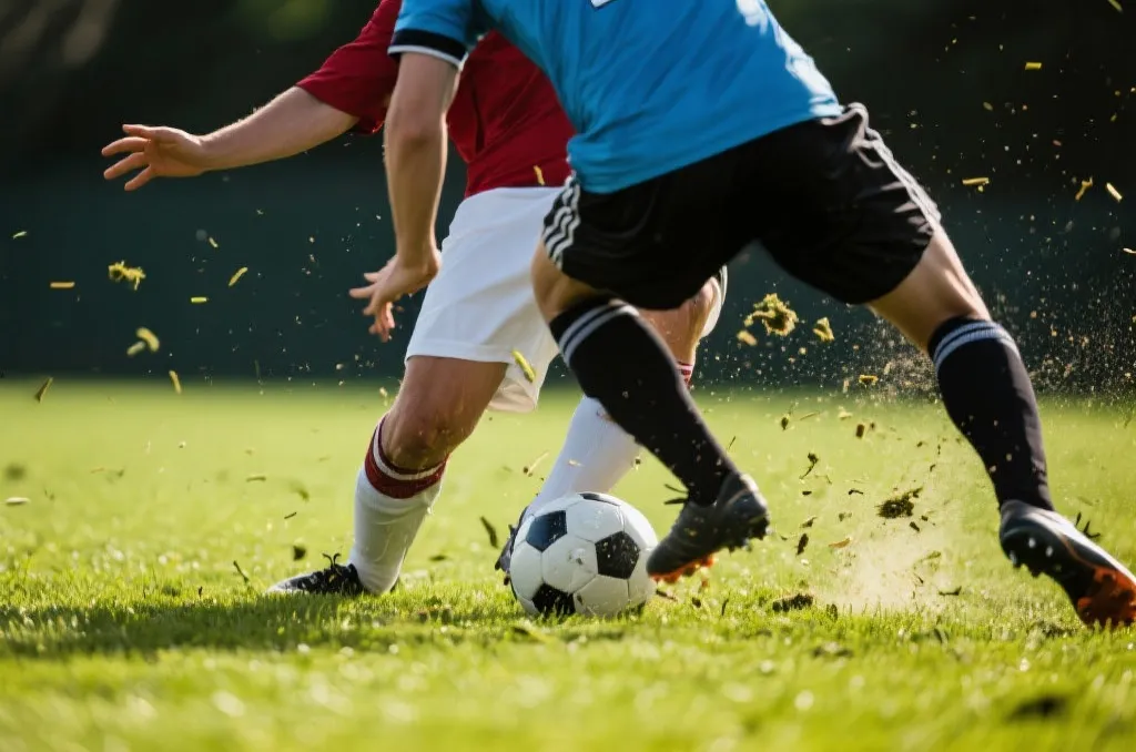 足球运动员在赛场上奋力拼搏